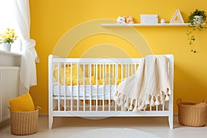 a white baby crib nestled in pale yellow colored kids room