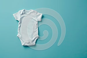 White baby romper mockup on blue background.