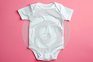 White baby romper mockup on pink background.