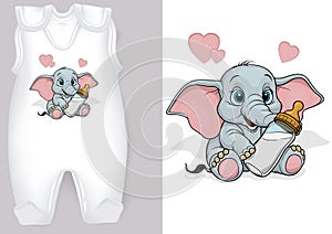 White Baby Rompers with a Cartoon Motif of a Elephant