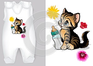 White Baby Rompers with a Cartoon Motif of a Kitty with Baby Bottle