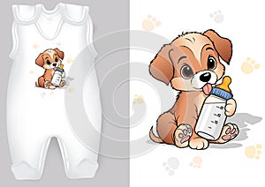 White Baby Rompers with a Cartoon Motif of a Puppy