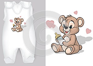 White Baby Rompers with a Cartoon Motif of a Teddy Bear