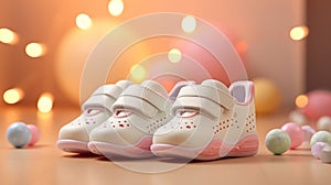 White baby shoes, a variety of colorful rattles,