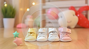 White baby shoes, a variety of colorful rattles, a