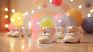 White baby shoes, a variety of colorful rattles,