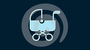 White Baby stroller icon isolated on blue background. Baby carriage, buggy, pram, stroller, wheel. 4K Video motion