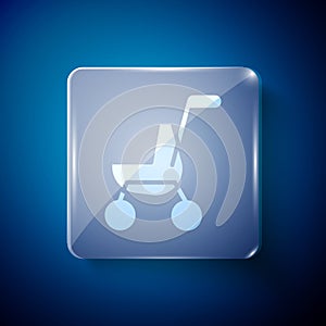 White Baby stroller icon isolated on blue background. Baby carriage, buggy, pram, stroller, wheel. Square glass panels