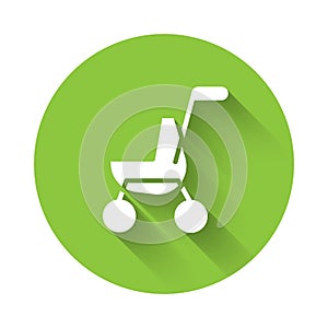 White Baby stroller icon isolated with long shadow. Baby carriage, buggy, pram, stroller, wheel. Green circle button