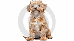 On a white background, a beautiful reddish havanese puppy dog sits frontal and looks upward with a happy expression