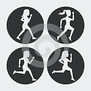 White background with black circles set of silhouettes of women athletes running