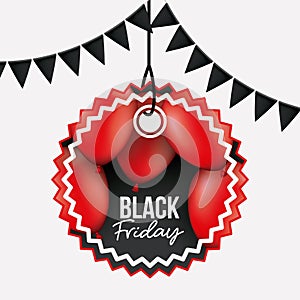 White background with black festoons and pendant sun shape tag of black friday offer with red balloons and black