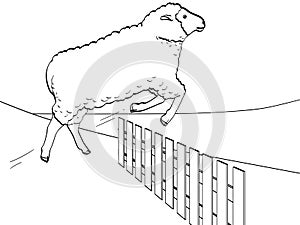 White background, black lines, the sheep jumps over the fence. Training animals on the farm. Raster