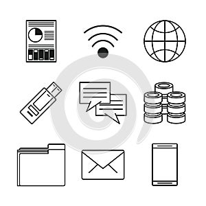 White background with black silhouette icons of data service center