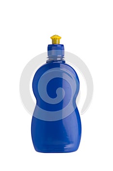 On white background, blue bottle with dishwashing liquid