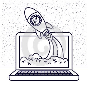 White background with blue silhouette with laptop computer and space rocket