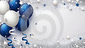 White background with blue and silver balloons,ribbons,snowflakes,stars, celebration,festivel
