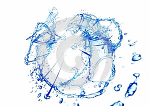 White background with blue splashes swirling in a circle