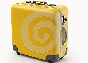 On a white background, a bright yellow suitcase is open