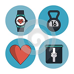 White background with circular frames of clock pulse monitor and dumbbell and heart and x-ray