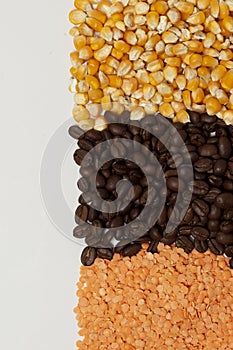 white background - coffee and main seeds, pink lentils