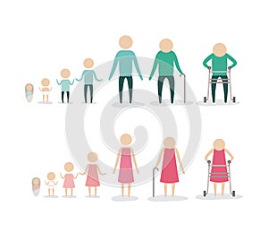 White background with color silhouette pictogram aging age human life young growing old process female and male people