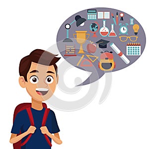 White background with colorful boy student with bag and dialog box with set school elements