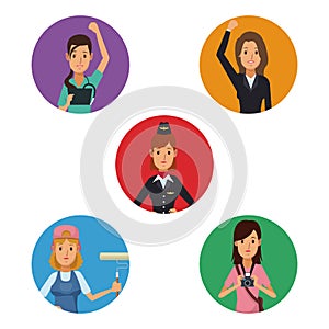 White background with colorful circular frame icons group female people of different professions