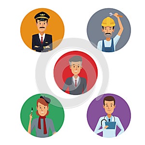 White background with colorful circular frame icons group male people of different professions