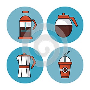 White background with colorful circular frames with icons of coffee as kettle and glass jar and disposable cup