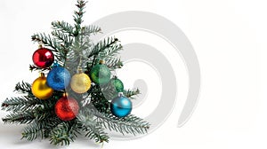 White background with colorful ornaments on a happy Christmas tree