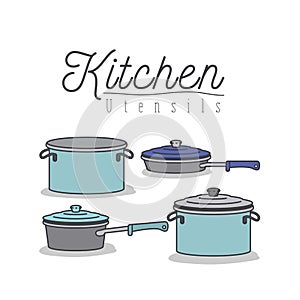 White background with colorful set of kitchen pots and pans with lids kitchen utensils