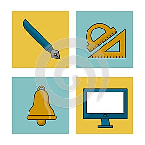 White background with colorful squares of education icons with fountain pen and geometric rulers and bell and computer