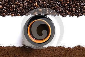 White background with cup of coffee, coffee beans and ground coffee on below and above.