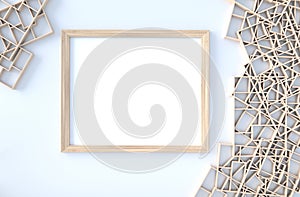 White background decor with wood shelves wall, branch,picture frame,petals blow. 3D render.