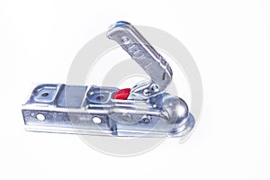 on a white background. a device for coupling a trailer and a car. silver-colored metal products