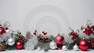 white background Extra wide Christmas border with hanging garland of fir branches, red and silver baubles, pine cones