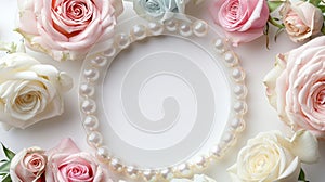 a white background, featuring a delicate frame adorned with roses and pearls, accented with pastel hues of pink, blue