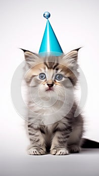 White background, felicitous kitty with birthday hat