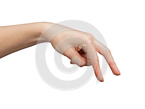 White background, female hand showing gesture. Concept isolated, motion icon for people. Adult woman