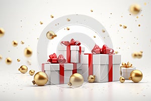 White background with festive gifts box, red ribbon, golden Christmas balls, glitter and confetti. Generative AI