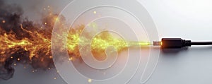 White background with a fire in an overloaded power strip, , spark