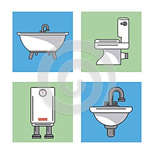 White background with frames of bathroom elements as sinks and water heater and toilet and bathtub