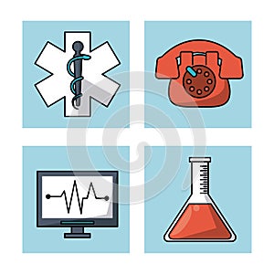 White background with frames with medical symbol and emergency phone and pulse monitor and test tube