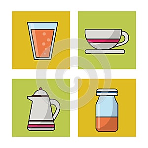 White background with frames of picnic elements with coffee jar and cup and bottle and cup with juice