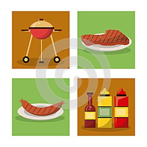 White background with frames of picnic elements with grill and sausage and meat and set of bottles sauce