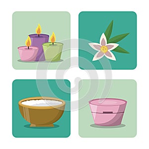 White background with frames of spa elements with candlelights flowers and herbal treatment bowl