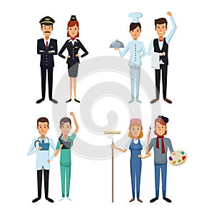 White background with full body couple male and female set people different professions