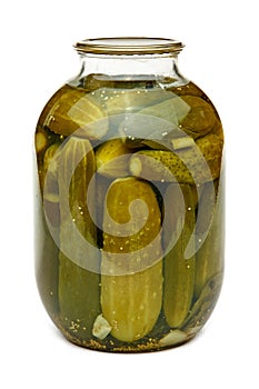 On a white background glass jar with cucumbers