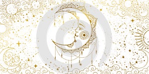 White background with a gold crescent moon with a face. A template for astrology, tarot, a banner for a witch. Divine